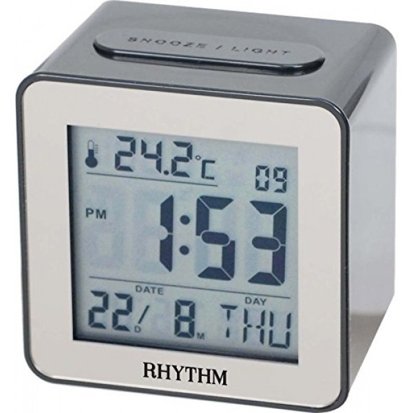 Rhythm LCD Clock Beep Alarm,Snooze & LED Light,Calendar,Thermometer,7 Languages of Weekdays Display Selectable(Eng/Ger/Fre/Spa/Ita/Dut/Den 